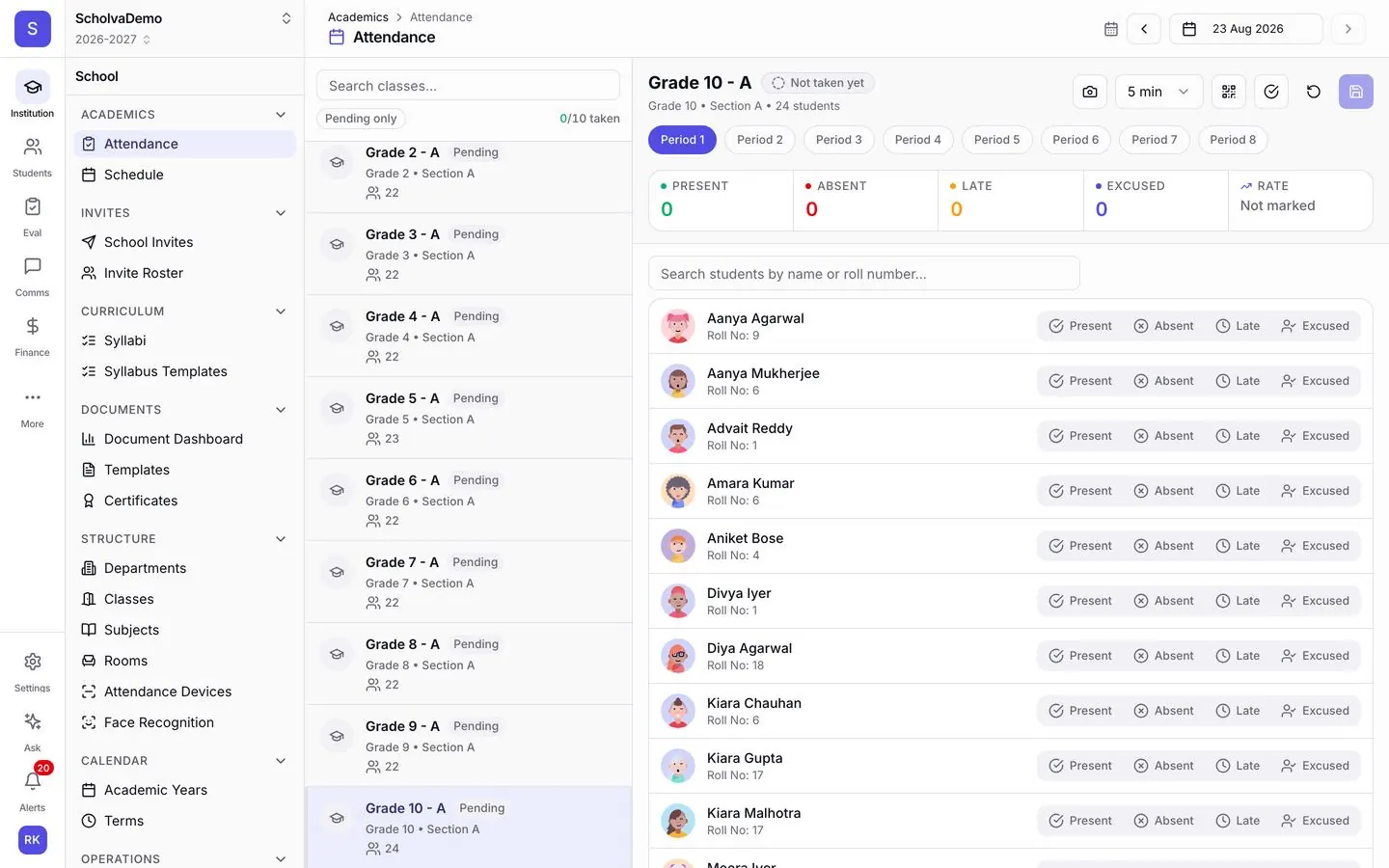 Marking class attendance in Scholva: a class list for Grade 10 - A with one-tap Present, Absent, Late and Excused buttons for every student and period.
