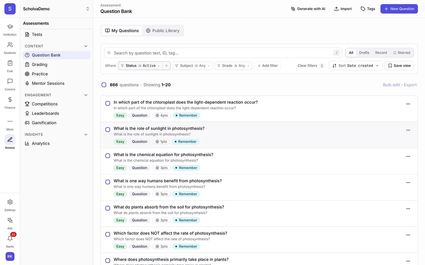 The Scholva question bank: hundreds of questions with filters for status, subject and grade, difficulty and Bloom's level tags, and a Generate with AI button.